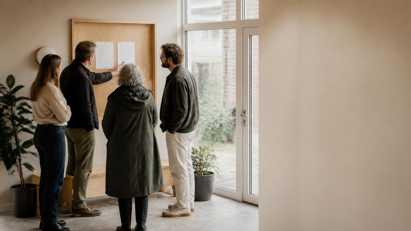 Beboere og bestyrelsesmedlem læser opslag på fælles opslagstavle i boligforeningens entré